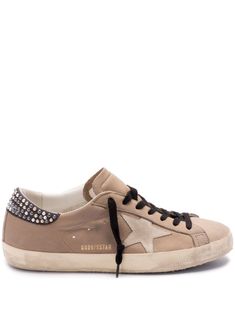 sand beige calf leather appliqué detailing rhinestone embellishment gold-tone logo lettering contrasting laces rubber sole Gold Sneakers With Rhinestones And Round Toe, Gold Rhinestone Sneakers With Round Toe, Embellished Gold Sneakers With Round Toe, Gold Embellished Sneakers With Round Toe, Designer Beige Sneakers With Contrast Sole, Gold Embellished Round Toe Sneakers, Gold Embellished Lace-up Sneakers, Embellished Leather Sneakers For Streetwear, Luxury Embellished Sneakers For Streetwear