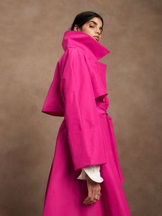 Petite Oversized Opera Coat | Banana Republic Pink Trench Coat Outfit, Gown With Coat, Pink File, Elegant Outerwear, A Line Coat, Coat Ideas, Statement Jackets, Coat Check, Pink Trench Coat