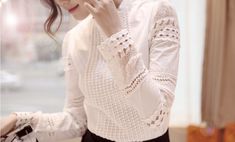 Long Sleeve Lace White Blouse Shirt - Uniqistic.com Chiffon Lace Blouse, White Lace Shirt, Boutique Shirts, Cotton Shirts Women, White Shirt Blouse, Straight Clothes, White Lace Blouse, White Long Sleeve Blouse, Standing Collar