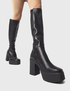 Trending Slick Nicks Wide Fit Knee High Boots: elegant design, platform sole, 4-inch heel. Add height and style to any outfit. Ethical and cruelty-free. Perfect for wide calfs! Platform Knee High Boots, Knee High Platform Boots, Clothing Wishlist, Funky Shoes, Vegan Boots, Wide Calf, Chunky Boots, Boots For Sale, Thigh High Boots