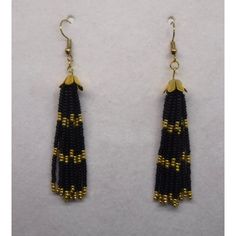 Earrings Beaded Gold & Black Gold Bead Cap With Black And Gold Colored Czech Glass Beads. 10 Strands Of Beads On Each Earring Nickel Free 2" Long Elegant Adjustable Beaded Earrings, Elegant Adjustable Beaded Earrings With Beaded Chain, Elegant Black Beads With Gold Details, Adjustable Dangle Earrings With Black Beads, Black Beaded Chain Earrings As A Gift, Black Round Beads With Bead Caps, Adjustable Black Jewelry With Bead Caps, Elegant Black Bead Earrings, Black And Gold Beads For Party