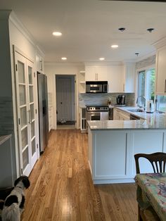 a dog standing in the middle of a kitchen with white cabinets and wood flooring