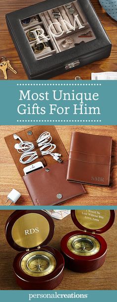 three different types of gifts for him with the words, most unique gifts for him