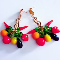 Maxi Earrings with Murano, glass fruits and vintage 60's pieces. Combined shipping. Unique Party Earrings With Dangling Beads, Handmade Retro Party Earrings, Vintage Multicolor Czech Glass Earrings, Retro Handmade Earrings For Party, Handmade Retro Earrings For Party, Party Earrings With Dangling Glass Beads, Handmade Czech Glass Earrings For Party, Handmade Costume Jewelry Earrings For Party, Vintage Dangle Earrings With Colorful Beads