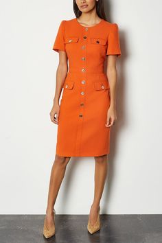 Utility Dress Elegant Fitted Shirt Dress With Pockets, Summer Midi Length Bodycon Dress For Office, Summer Midi Bodycon Dress For Office, Orange Fitted Knee-length Midi Dress, Fitted Orange Sheath Dress, Summer Office Sheath Dress, Knee-length Bodycon Office Dress For Summer, Fitted Dresses With Button Closure For Work, Orange Bodycon Knee-length Dress