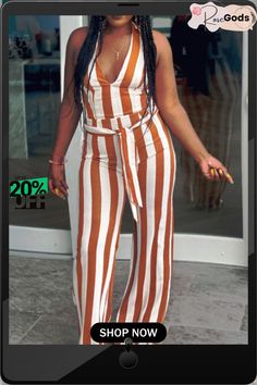 Stripe Print Hang Neck Jumpsuit with Belt Striped V-neck Jumpsuits And Rompers For Summer, Striped V-neck Jumpsuits For Vacation, Chic Orange Jumpsuits And Rompers For Vacation, Chic Orange Jumpsuits And Rompers For Beach, Chic Orange Jumpsuit And Romper For Vacation, Chic Orange Beach Jumpsuits And Rompers, Chic Striped Jumpsuits And Rompers For Beach, Brown Summer Jumpsuits And Rompers, Trendy Beach Overall Jumpsuits And Rompers