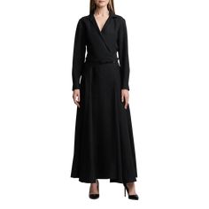 Ralph Lauren Collection "Aniyah" wrap dress with a removable buckled self-belt Spread collar; asymmetric button placket Long sleeves; button cuffs Adjustable belted waist  A-line silhouette Midi length Linen/leather Made in Italy Designer Belted Workwear Dress, Fall A-line Belted Maxi Dress, Formal Maxi Dress With Asymmetrical Hem For Fall, A-line Belted Dress For Evening, Workwear Belted A-line Maxi Dress, Workwear A-line Maxi Dress With Belt, Belted Wrap Dress For Evening In Fall, Luxury Belted Fall Dresses, Evening Belted Wrap Dress For Fall