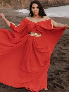 Riana: Red kaftan with belt, long beach dresses, custom made kaftans – B Anu Designs Outfit With Belt, Kaftan With Belt, Kaftan Outfit, Georgette Kaftan, Red Kaftan, Red Floor, Plain Red, Long Beach Dress, Gold Work