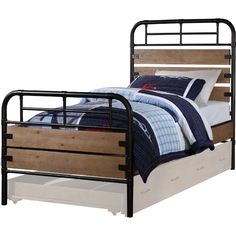 a wooden bed with metal frame and drawers