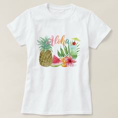 Aloha Hawaiian Tropical Pineapple Women's T-shirt, Size: Adult S, White Gender: female. Hawaiian Woman, Lilly Pad, Red Ribbon Week, Surf Shirt, Womens Basic, Summer Tshirts, Shirt Ideas, Pear Shaped, Hibiscus