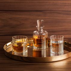 three glasses and a bottle on a tray