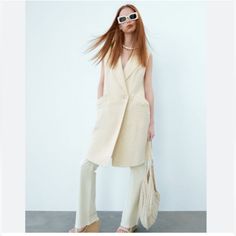 Unlined; Approximately Pit To Pit -19”; Length -36��” Chic V-neck Outerwear With Pockets, Cream V-neck Outerwear With Pockets, Winter White V-neck Outerwear For Spring, V-neck Outerwear With Pockets For Summer, V-neck Summer Outerwear With Pockets, Summer V-neck Outerwear With Pockets, Chic Summer Outerwear With Pockets, V-neck Outerwear With Pockets For Spring, Cream V-neck Summer Outerwear