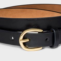 Accessorize your waist in style with this Skinny Belt from A New Day™. This solid black belt with a skinny profile features a gold metal buckle closure for sleek style and shine. The adjustable strap with multiple holes give a secure fit to all your outfits, and you can pair it with casual or dressy ensembles for versatile styling. A New Day™: Style that goes wherever you do. Palaye Royale, Branded Belts, Reversible Belt, Sleek Style, Belt Shop, Sleek Fashion, Black Skinnies, Belt Size, Metal Buckles