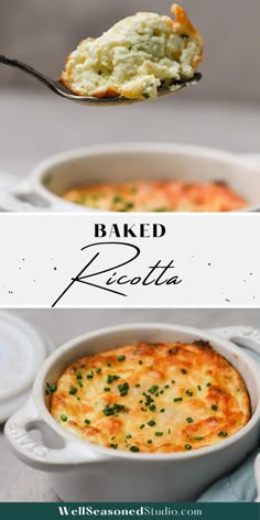 baked ricotta in a casserole dish on a spoon with text overlay