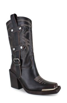 A snipped toe boasting a gleaming hardware plate refreshes the classically Western design of a water-resistant cowboy boot detailed with bold topstitching and buckled side straps. 3 1/2" heel; 1" platform 12 1/2" shaft; 11 1/2" calf circumference. Narrow calf Pull-on style Leather upper, lining and sole Made in Italy Western Moto Boots With Stacked Heel And Square Toe, Western Style Mid-calf Boots With Square Toe, Western Mid-calf Boots With Square Toe And Reinforced Heel, Fall Moto Boots With Leather Sole For Rodeo, Western Style Moto Boots For Western-themed Events, Western Moto Boots With Almond Toe, Western Moto Boots With Medium Width, Western Closed Toe Boots For Ranch, Western Mid-calf Boots With Stacked Heel And Square Toe