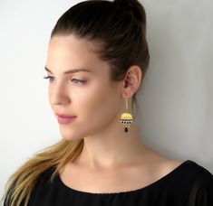 "These Boho gold earrings are long, dainty, dangly, and delicate, perfect as an elegant fashionable statement! Made by hand, from gold plated castings, Swarovski 3mm beads, Swarovski drop, Miyuki round seed beads, and goldfilled 14k ear-wire Wear these Statement beaded earrings with your hair up or down, with a casual boho flowy maxi dress or with a sophisticated modern evening outfit. They will always help you shine and dazzle. Measurements: Earring length: 2.75\" (7cm) Earring width: 0.78\" (2 Gold Beaded Drop Earrings, Elegant Brass Earrings With Dangling Beads, Elegant Brass Beaded Earrings For Pierced Ears, Elegant Teardrop Beaded Brass Earrings, Elegant Brass Teardrop Beaded Earrings, Long Chain Earrings Gold, Pearl And Gold Earrings, Bohemian Wedding Earrings, Hard Jewelry