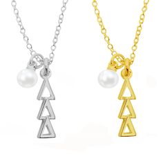 two necklaces with different designs on them, one in gold and the other in silver