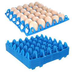 two blue trays filled with eggs on top of each other and one in the middle