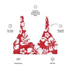 It’s so easy to fall in love with this bikini top from Extremely Stoked! Add a different size bottom for the perfect look and perfect fit made especially for you! To make this top even more versatile, mix and match it with different bikini bottoms for your own unique look. • Double-layered and non-reversible • Removable padding • Tear-away care label • Zig-zag stitching *Swimsuit bottom only and two piece set with this design are listed and sold separately. This product is made especially for yo Tropical Triangle Top For Swimming, Tropical Triangle Top For Pool, Red Floral Print Swimwear For Pool, Red Tropical Printed Swimwear, Triangle Top Swimwear With Hibiscus Print For Beach, Red Tropical Swimwear For Poolside, Poolside Floral Print Triangle Top, Floral Print Triangle Top For Poolside, Red Seamless Swimwear For Summer