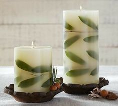 two candles sitting on top of a table next to pine cones and an acorn