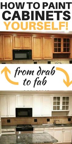 a kitchen with white cabinets and black counter tops, has the words how to paint cabinets yourself from grab to fab