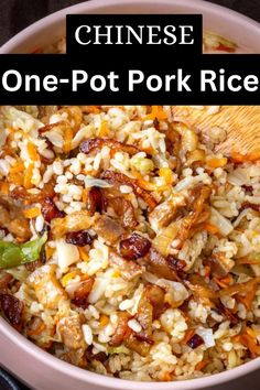 chinese one - pot pork rice in a bowl with chopsticks on the side