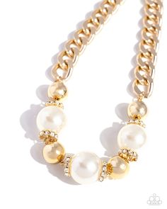 Oversized, high-sheen gold curb chain links gives way to a collection of oversized white pearls, gold beads, and white rhinestone-encrusted gold rings for a glamorously glossy look. Features an adjustable clasp closure. Sold as one individual necklace. Includes one pair of matching earrings. Sku: P2ST-GDXX-175XX Bedazzled Jewelry, Gold Curb Chain, Orange Ring, Gray Necklace, Brown Bracelet, Brass Bracelet, Chain Links, Paparazzi Accessories, White Necklace