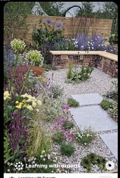 a garden with various plants and flowers around it