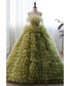 Get 10% off now! Buy princess formal green ruffled ballgown prom dress with feather at cheap price online. Free stable shipping and pro custom service since 2009. Sage Prom Dress, Prom Dress With Feathers, Feather Outfit, Green Ball Gown, Dress With Feathers, Sweep Train Prom Dress, Dusty Sage, Prom Dresses With Pockets, Corset Dress Prom