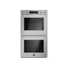 two stainless steel ovens side by side against a white background with the door open