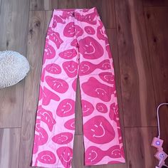 Size Xs Pink Smiley Face Pants From A Boutique Perfect Condition Never Worn Y2k Cotton Cargo Pants, Y2k Cotton Straight Pants, Y2k Straight Cotton Pants, Y2k Style Cotton Straight Pants, Y2k Style Straight Pants, Trendy Cotton Cargo Pants, Y2k Straight Leg Bottoms For Spring, Y2k Style Straight Bottoms For Spring, Y2k Straight Pants For Spring