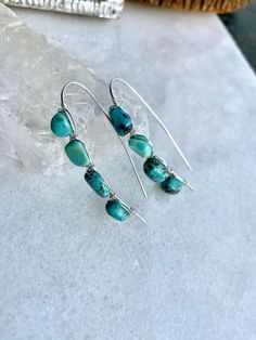 Gorgeous wrapped Kingman Turquoise ear threaders. These are so fun, lightweight and absolutely stunning. Add a gorgeous pop of color to your day with these rad threaders! * Approx drop length 2 in. * I make each piece of jewelry with utmost care and attention. I truly love and take pride in creating unique jewelry for you all! *Hypoallergenic, lead, and nickel free *Made from top quality materials, Sterling Silver and 14k gold FILL. Gold fill contains 100 times more gold than plated jewelry. Excellent for sensitive skin! Gold fill does not tarnish, wear off or chip. With daily use, it lasts from 10-30 years before showing any signs of wear, even in water. You can wear it while washing the dishes, in the shower, at the beach... It's a 100% top-quality USA material. Thank you for shopping sm Turquoise Long Drop Earrings With Ear Wire, Everyday Turquoise Wire Wrapped Jewelry, Minimalist Turquoise Wire Wrapped Earrings, Adjustable Turquoise Earrings With Ear Wire, Adjustable Turquoise Earrings For Everyday, Ear Threader, Ear Art, Bar Jewelry, Turquoise Drop Earrings