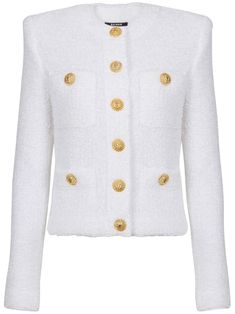 white tweed logo-engraved buttons round neck long sleeves front button fastening four front patch pockets straight hem Luxury White Tweed Jacket, White Classic Long Sleeve Tweed Jacket, Chic White Tweed Jacket With Button Closure, Classic White Tweed Jacket, White Tweed Outerwear With Button Closure, Luxury Long Sleeve Tweed Jacket With Button Cuffs, White Long Sleeve Blazer With Buttoned Pockets, White Tweed Jacket With Buttons For Winter, White Winter Tweed Jacket With Buttons