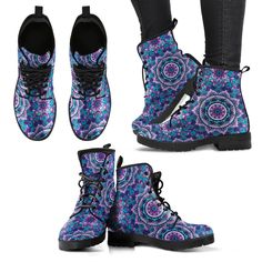 Cruise through any season with style and comfort with our new luxury designer mandala boots! Features vegan-friendly PU leather with a double-sided print and rounded toe construction. Lace-up closure for a snug fit. Waterproof material to make sure you easily cruise through any season! Soft textile lining with sturdy construction for maximum comfort. High-quality rubber outsole for traction and exceptional durability. Every Purchase directly contributes to save the elephants:Our Promise First Cl Bohemian Boots, Blue Donuts, Purple Mandala, Hippie Boots, Vegan Leather Boots, Handcrafted Boots, Boots Patterns, Vegan Boots, Mens Leather Boots