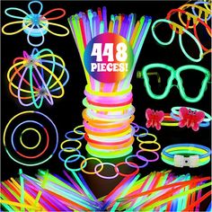 glow in the dark bracelets and eyeglasses are displayed on a black background