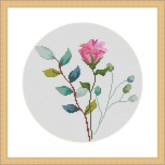 a cross stitch pattern with pink flowers and green leaves