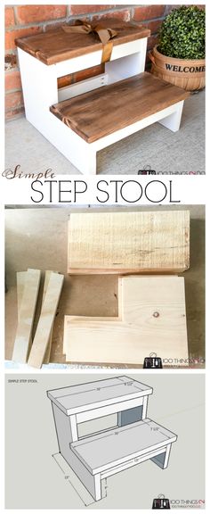 the step stool is made out of wood and has drawers on each side for storage