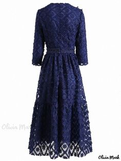 Olivia Mark - Blue Beaded and Pearl Embellished Water-Soluble Flower Mid-Sleeve Formal Dress Formal Dresses With Sleeves, Types Of Skirts, Formal Dress, A Line Skirt, Types Of Collars, A Line Skirts, Types Of Sleeves, A Line, Sleeve Length