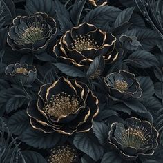 black and gold flowers with green leaves in the background for wallpaper or fabric design