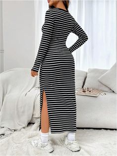 Indulge in effortless elegance with our Black Striped Long Sleeve Knit Maxi Dress! Made from high-quality, soft knit fabric, this dress features chic black stripes and long sleeves for a versatile look. Perfect for any occasion, from a casual day out to a formal event. Elevate your style today! 95% Cotton, 5% Elastane Care instructions Hand/Machine Wash Brand Size Dress Bust Waist Hip XS 0-2 31-32.5'' 23-24'' 31-34" S 4--6 33-35'' 25-26'' 35-37" M 8--10 35-36'' 27-28'' 38-39" L 12--14 38-40'' 29-31'' 40-42" XL 14-16 40-42'' 33.5-36'' 44-46" 2XL 18-20 42-44'' 37-40'' 47-50" 3XL 22-24 44-46'' 41-46'' 51-55" 4XL 26-28 46-48'' 47-50'' 56-60" Casual Long Sleeve Dresses With Vertical Stripes, Casual Long Sleeve Striped Dress, Striped Long Sleeve Fitted Midi Dress, Striped Fitted Long Sleeve Midi Dress, Striped Fitted Midi Dress With Long Sleeves, Chic Long Sleeve Dresses With Vertical Stripes, Chic Long Striped Dress, Casual Striped Midi Dress For Fall, Spring Striped Long Sleeve Sweater Dress