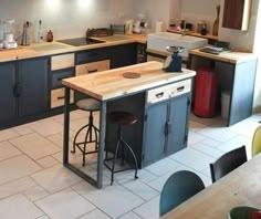 a kitchen with an island and stools in it