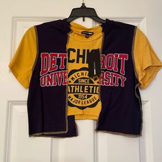 Brand New With Tags Retro Yellow Tops For College, Yellow College T-shirt With Letter Print, 90s Yellow Tops With Letter Print, Sporty Mustard Cotton Tops, Yellow Letter Print 90s Tops, Crop Top With Sleeves, Feather Crop Top, Striped Off Shoulder Top, 2 Piece Short Set