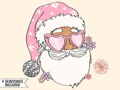 a cartoon santa claus wearing sunglasses and a pink hat with flowers on it's head