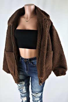 Size: S, Color: Brown Brown Fluffy Jacket Outfit, Brown Fuzzy Jacket Outfit, Brown Fluffy Jacket, Fuzzy Jacket Outfit, Fluffy Jacket Outfit, Brown Jacket Outfit, Instagram Clothing, North Face Outfits, Dark Wash Denim Jacket