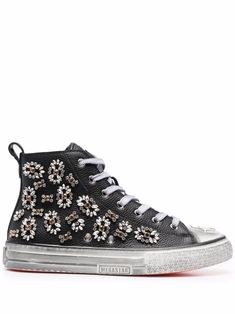 Black leather Megastar crystal-embellished high-top sneakers from PHILIPP PLEIN featuring crystal embellishment, flat rubber sole, front lace-up fastening and round toe. Philipp Plein Shoes, Kawaii Shoes, Philipp Plein, Crystal Embellishment, Luxury Brands, Converse High Top Sneaker, Converse Chuck Taylor High Top Sneaker, Golden Goose Sneaker, Sneakers Black