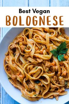 the best vegan bolognesiane recipe in a white bowl with parsley on top