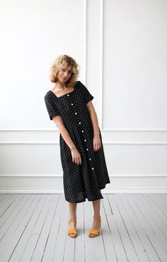 Linen dress in black polka dot/ OFFON Clothing | Etsy Linen Short, Short Sleeve Dress, Black Polka Dot, Linen Dresses, Linen Dress, Pleated Skirt, Sleeve Dress, Polka Dot, Polka Dots