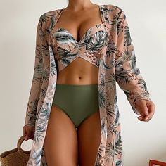 Xs=2 S=4 M=6 L=8/10 Xl=12 Xxl=14 Brand New Ships In 6-10 Days Color: Multicolor Style: Boho Pattern Type: Tropical Details: Wrap Bottom Type: Hipsters Bra Type: Push Up Neckline: Spaghetti Strap Number Of Pieces: 3 Piece Set Fabric: High Stretch Bikini Bottoms & Bikini Tops Material: Polyester Bikini Bottoms & Bikini Tops Composition: 82% Polyester, 18% Elastane Care Instructions: Machine Wash, Do Not Dry Clean Bikini Bottoms & Bikini Tops Body: Lined Chest Pad: Non Removable Padding Swimsuit With Cover Up, Underwire Tankini Tops, Underwire Tankini, Swimsuit Set, Beachwear For Women, Tropical Print, Swimwear Tops, Women's Fashion Dresses, Women Swimsuits