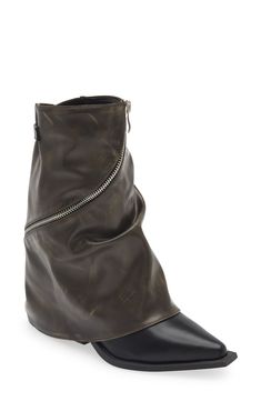 A sleek zipper whips around the slouchy shaft of this pointy-toe bootie completed by a back buckle for rugged detail. Side zip closure Arch support Water-resistant Synthetic upper, lining and sole Imported Asian Owned/Founded Azalea Wang, Slouchy Boots, Whips, Arch Support, Bootie, Side Zip, Arch, Water Resistant, Sleek