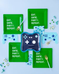 a game controller themed party plate and place setting for a video game party or baby shower